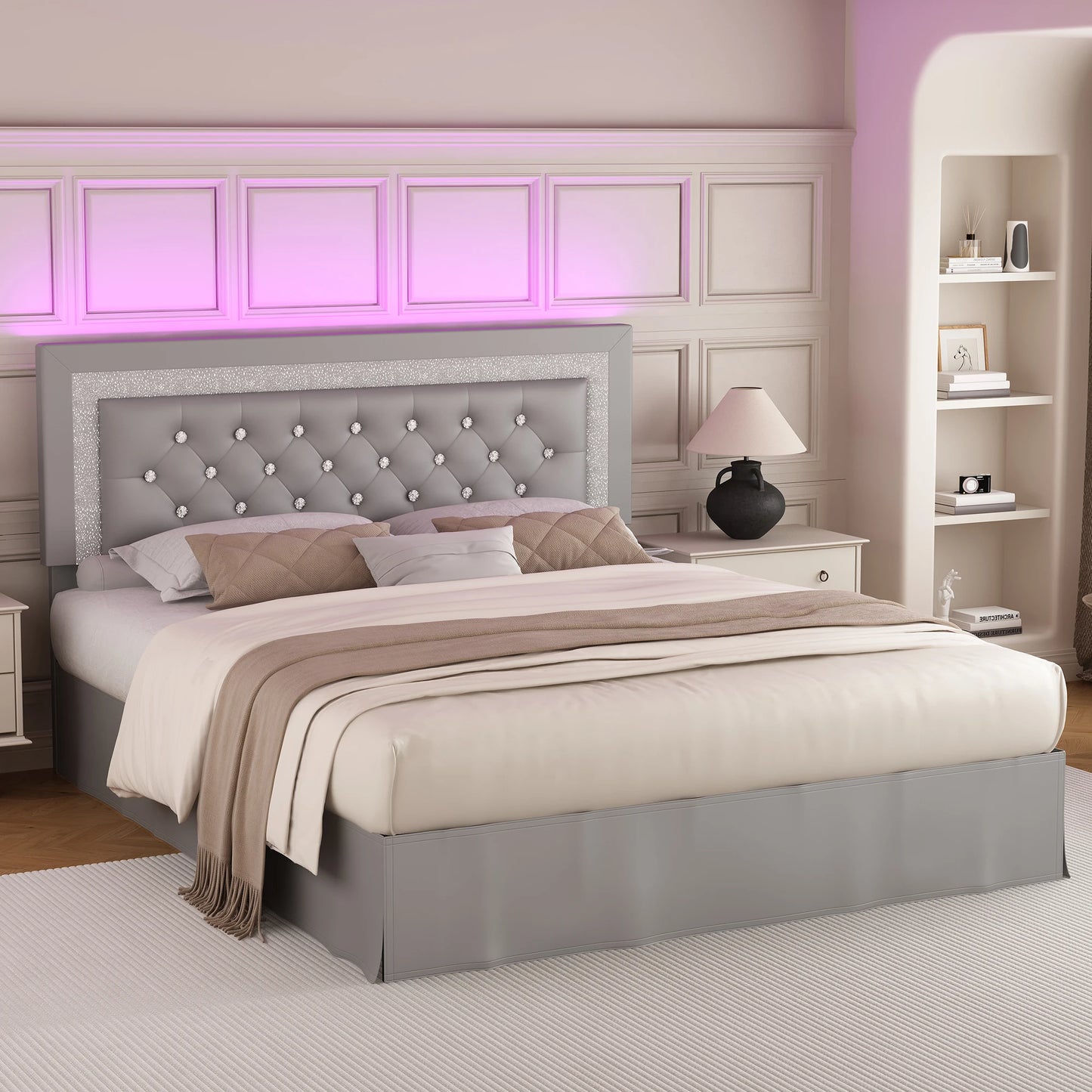 SIBEDS Bed Frame With LED Lights And Adjustable Tufted Headboard