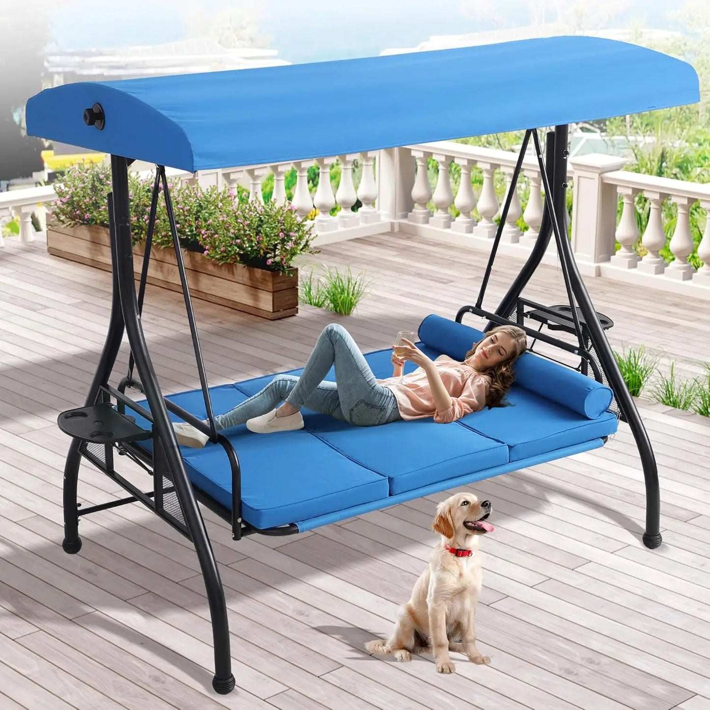 HUANZHUANG Outdoor Porch Swing With Canopy And Stand Convertible 2 In 1