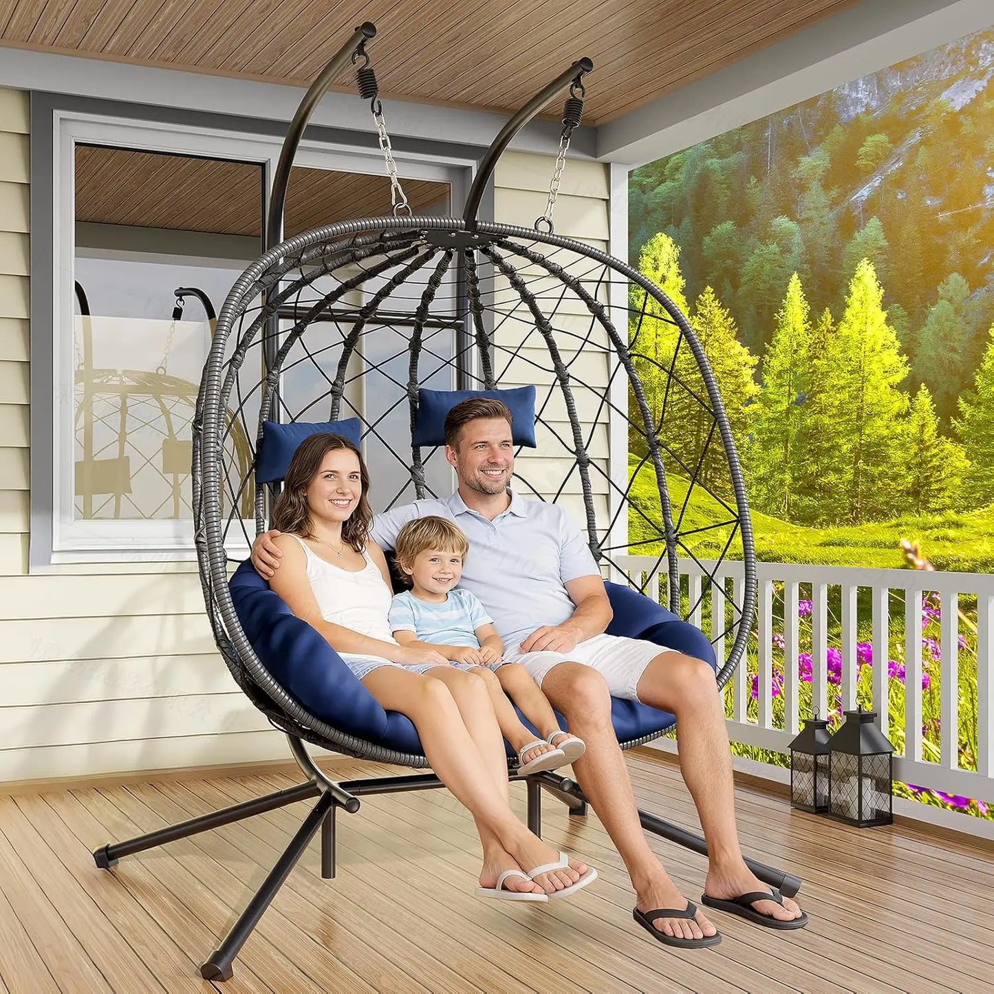 Double Egg Swing Chair With Stand For Two Outdoor Patio