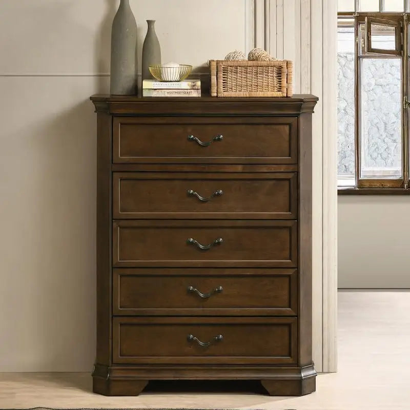 Traditional Wood Panel 5-Piece King Bed Set With Dresser Mirror