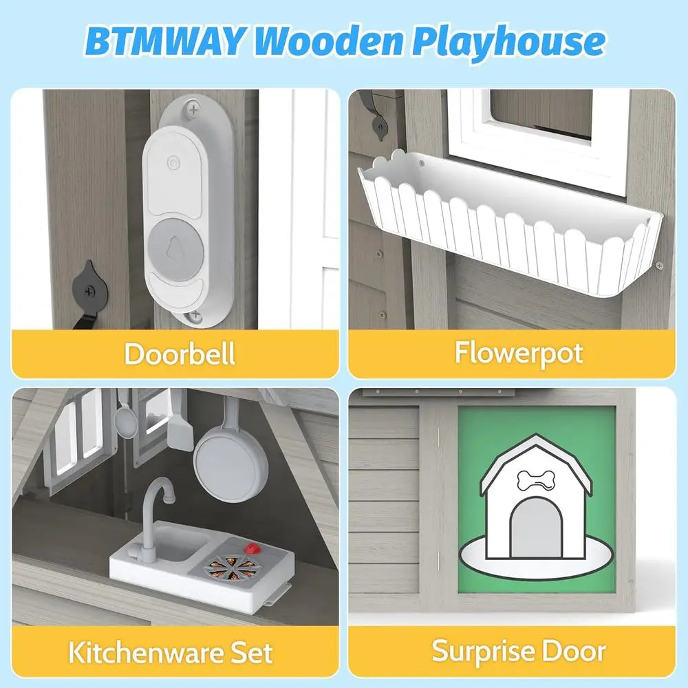 Cedar Wooden Playhouse with Kitchen and Accessories for Kids