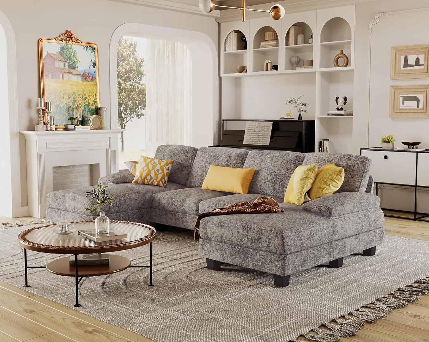 U Shaped Linen Sectional Sofa Living Room With Double Chaise
