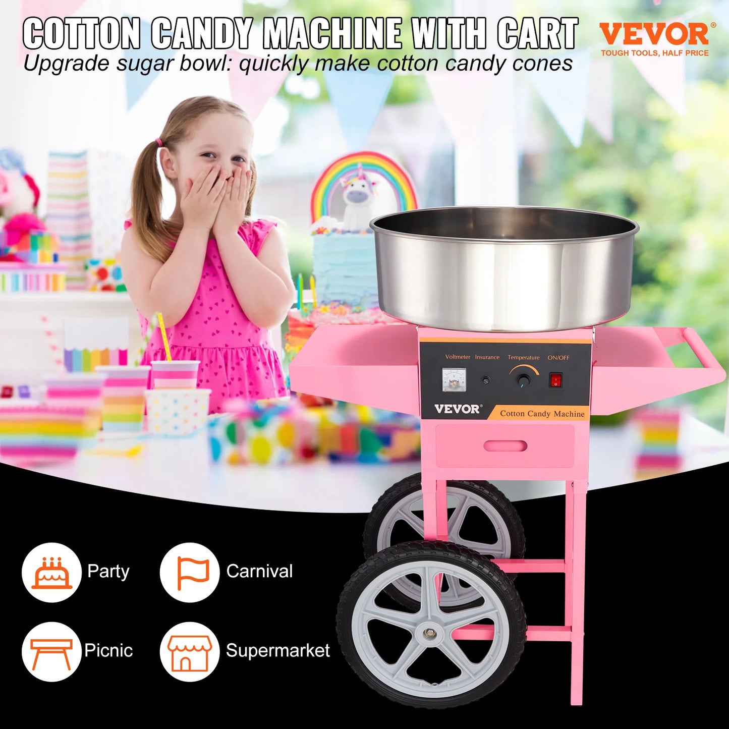 SucceBuy Electric Cotton Candy Machine With Cart 1000W Commercial