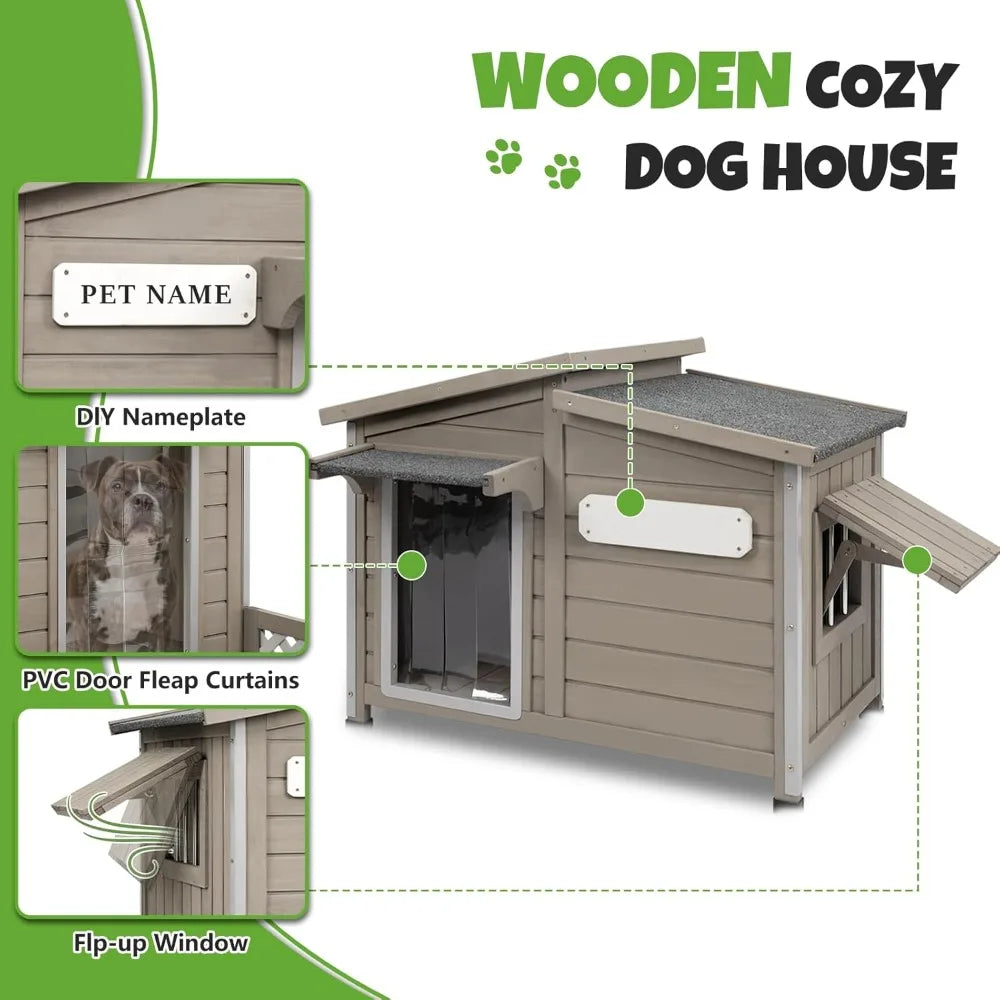 Outdoor Wooden Dog House Weatherproof Adjustable Vent Windows