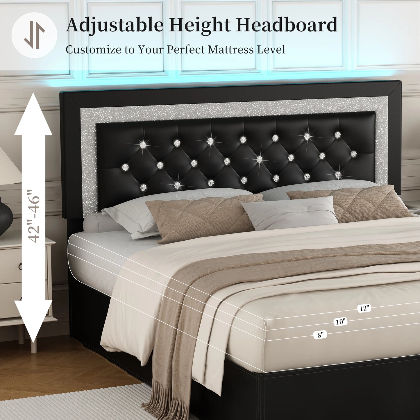 SIBEDS Bed Frame With LED Lights And Adjustable Tufted Headboard