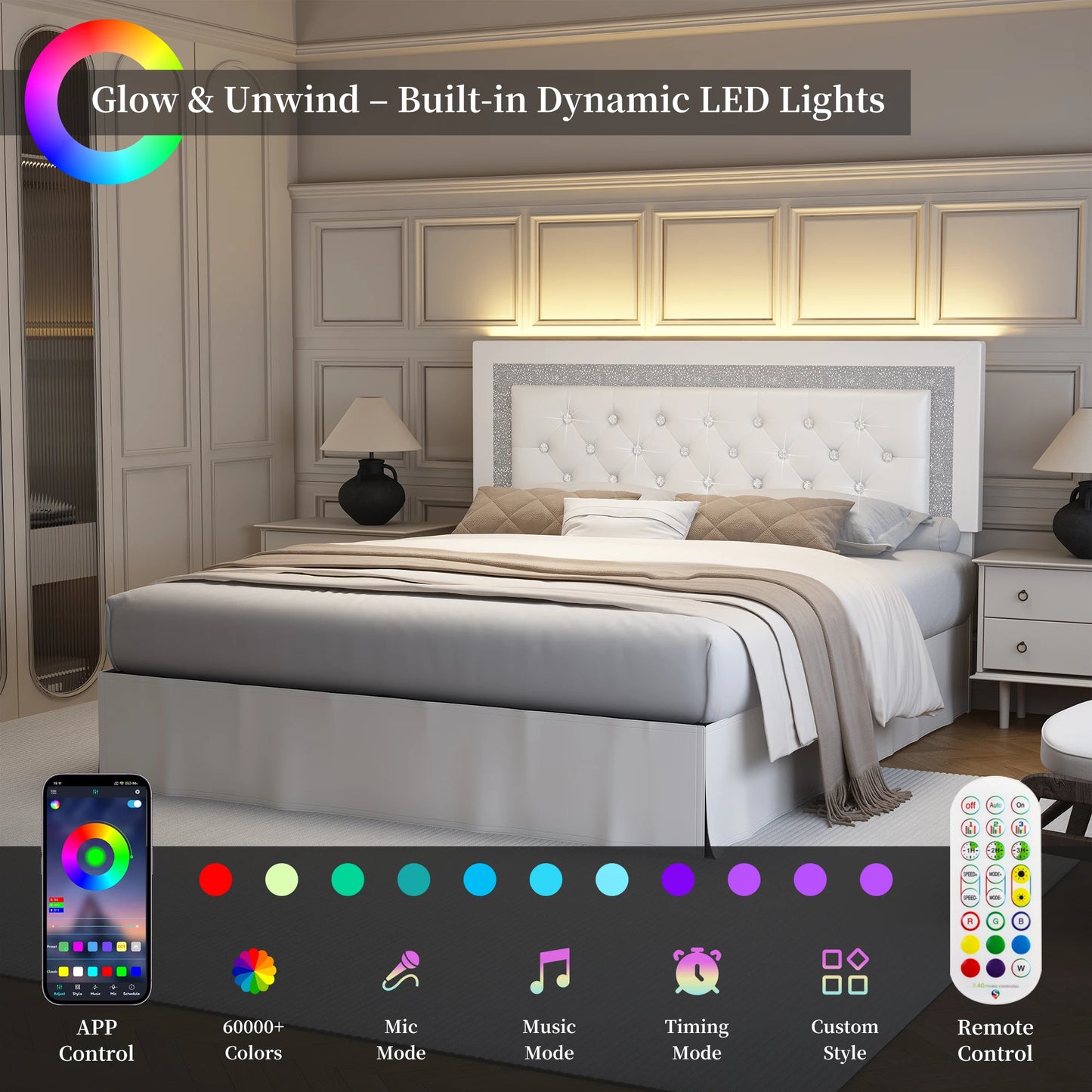 SIBEDS Bed Frame With LED Lights And Adjustable Tufted Headboard
