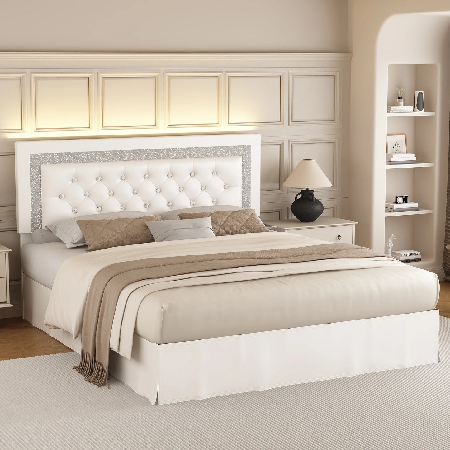 SIBEDS Bed Frame With LED Lights And Adjustable Tufted Headboard