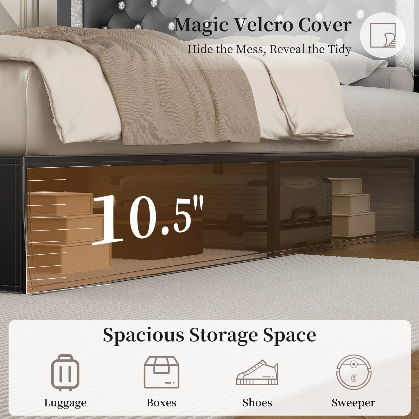 SIBEDS Bed Frame With LED Lights And Adjustable Tufted Headboard
