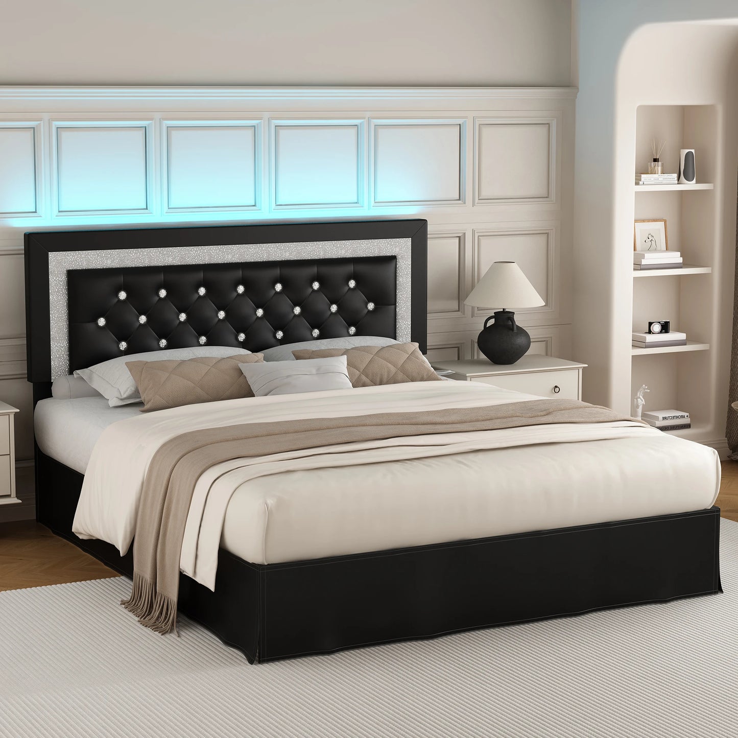 SIBEDS Bed Frame With LED Lights And Adjustable Tufted Headboard