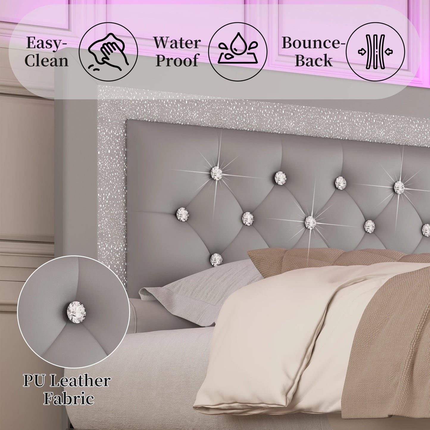 SIBEDS Bed Frame With LED Lights And Adjustable Tufted Headboard
