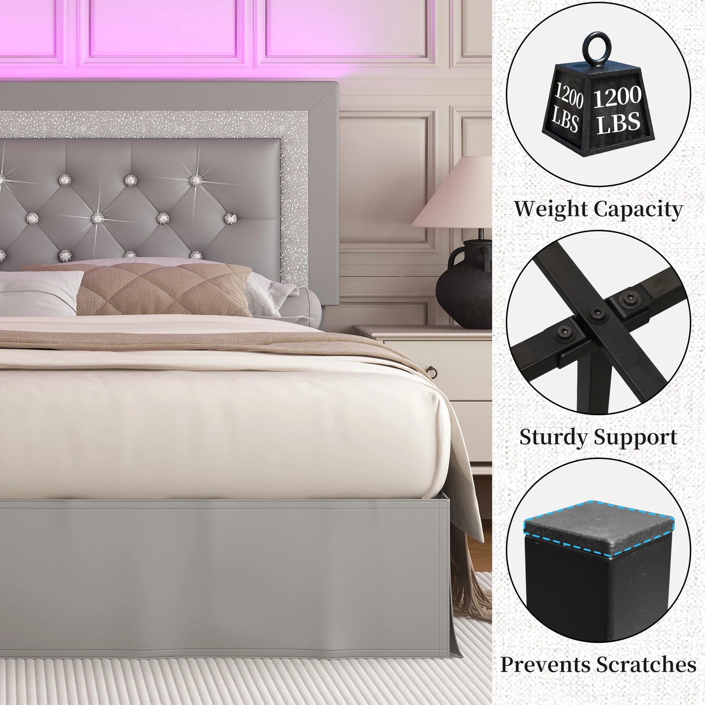SIBEDS Bed Frame With LED Lights And Adjustable Tufted Headboard