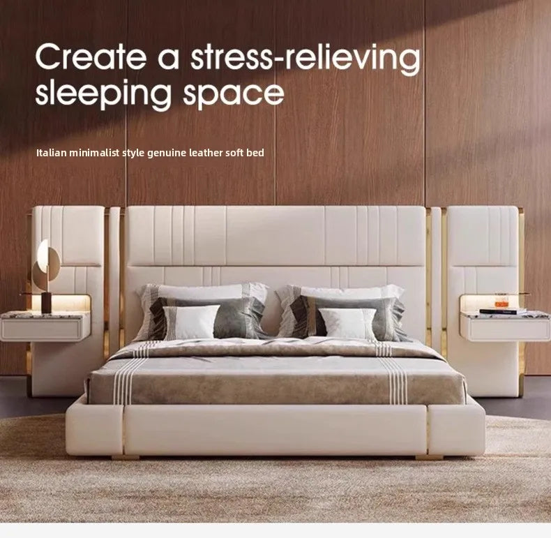 Modern Luxury Bed Frame With Extend Headboard Nightstand