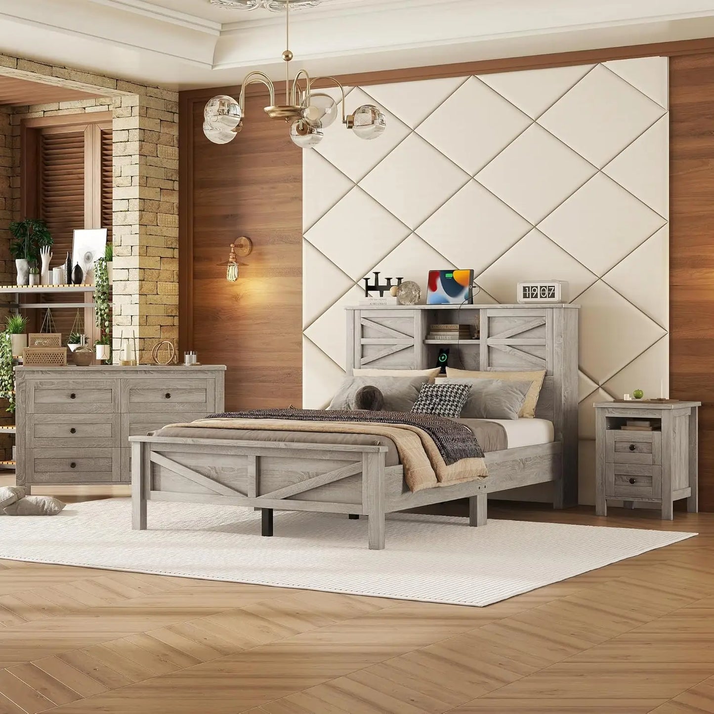 3 Piece Farmhouse Style Bedroom Set With Barn Door Bed
