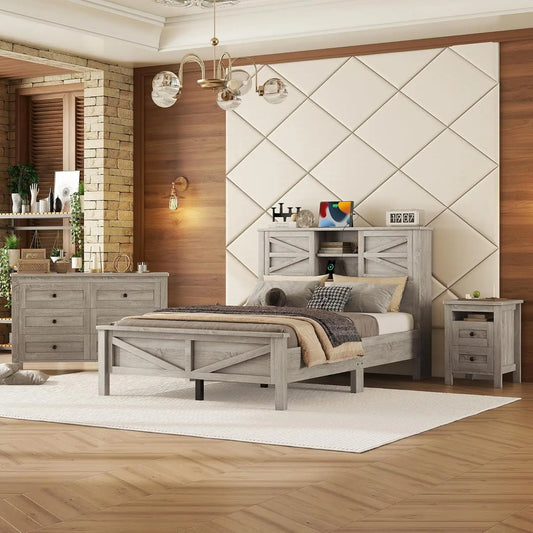 3 Piece Farmhouse Style Bedroom Set With Barn Door Bed