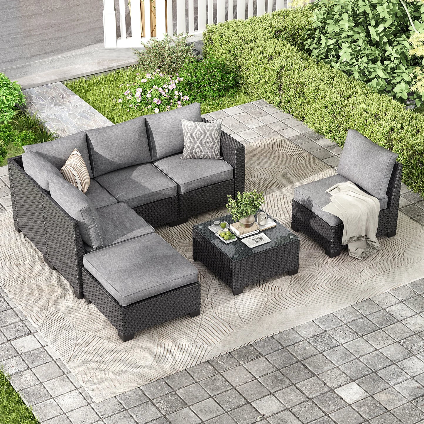 Farini Patio Rattan Sectional Sofa Set Outdoor Furniture Ottoman