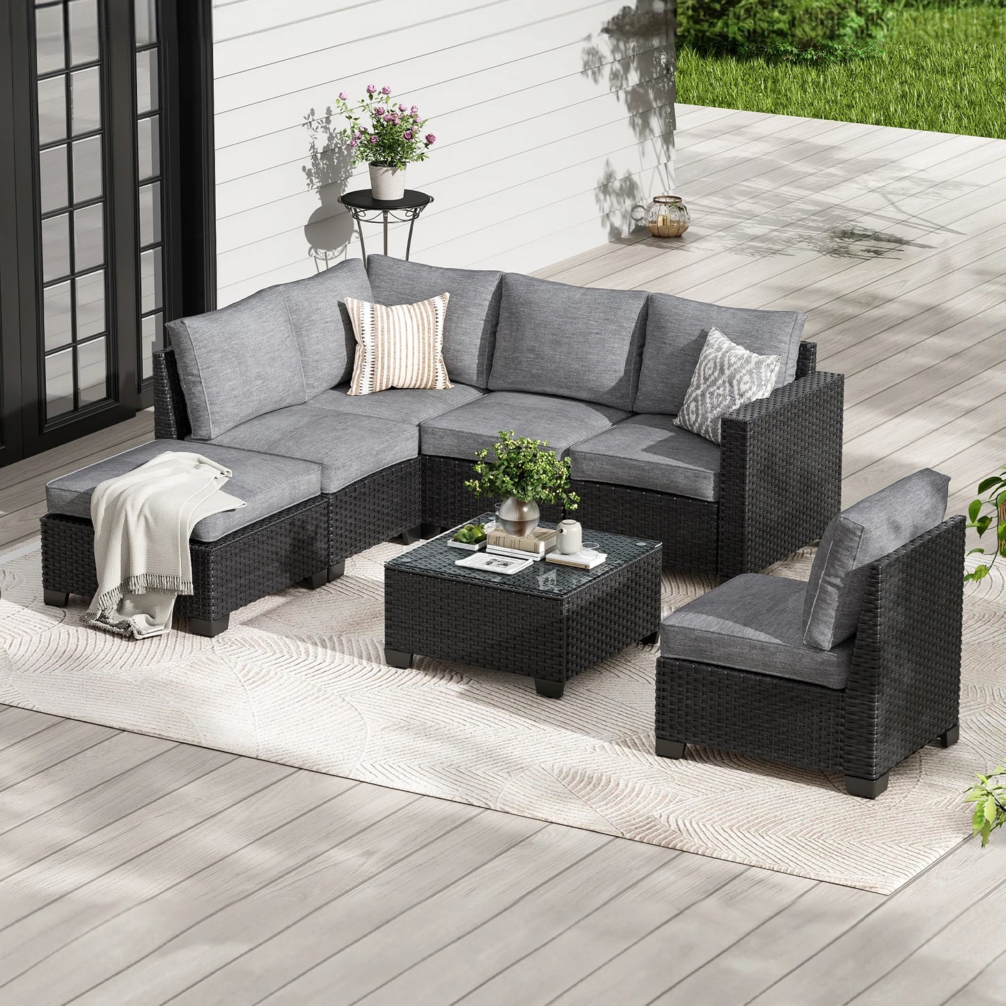 Farini Patio Rattan Sectional Sofa Set Outdoor Furniture Ottoman