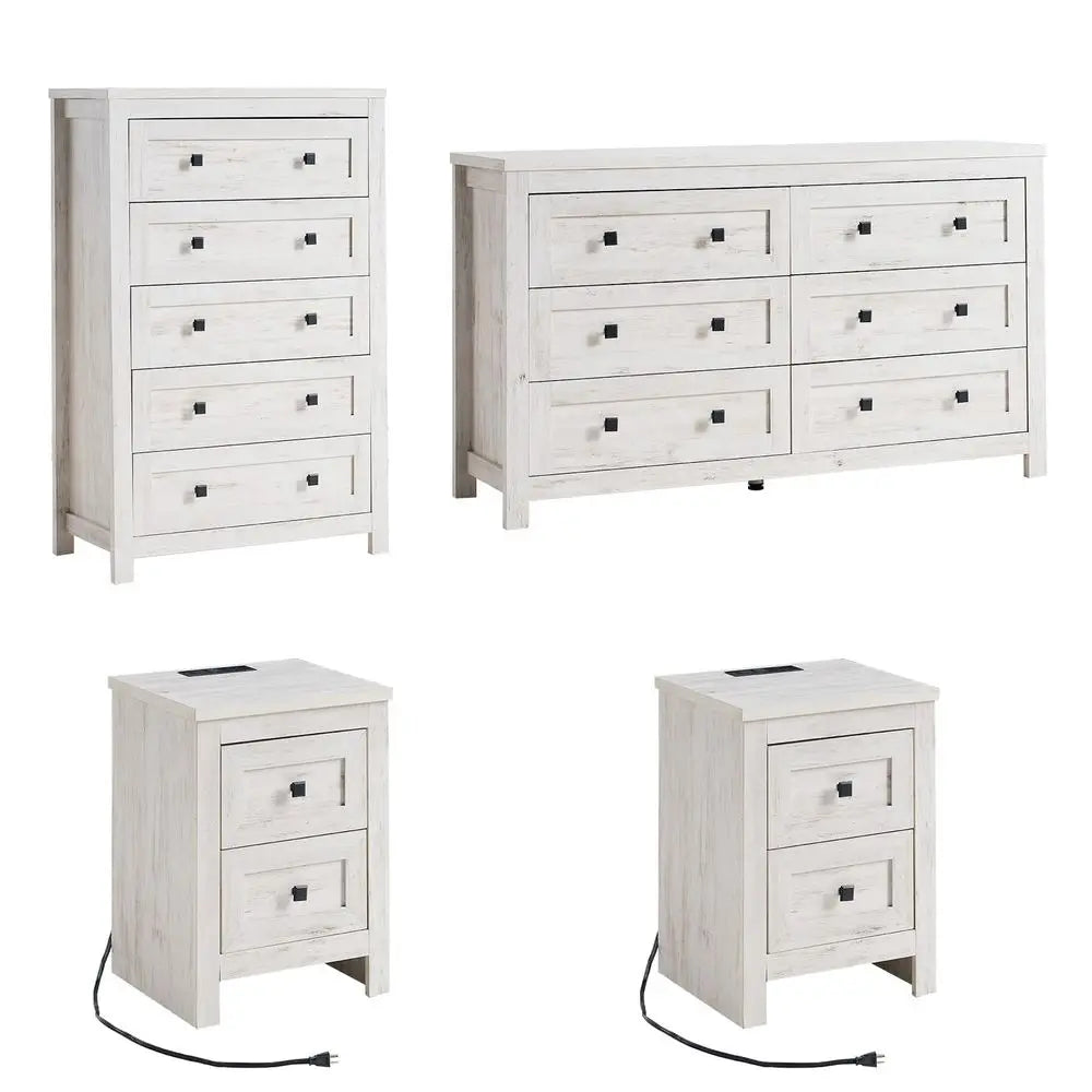 4 Piece Rustic Farmhouse Bedroom Set With Dresser And Nightstands