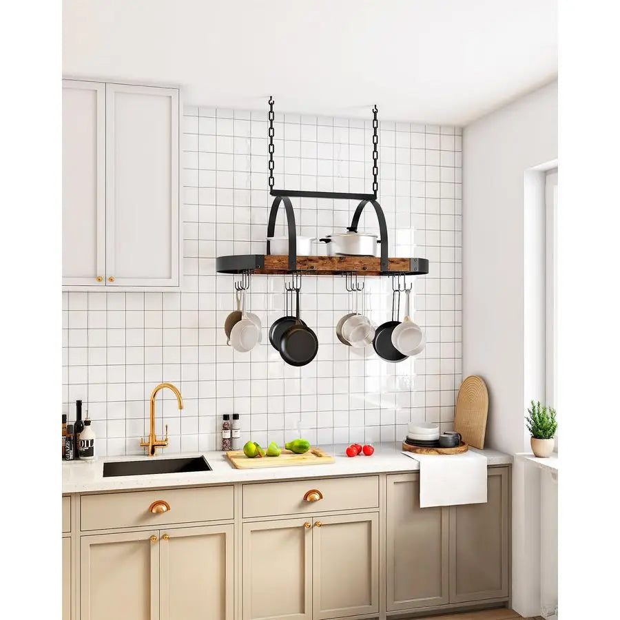 Pot Rack Ceiling Mounted With Mesh Shelf And Twelve S Hooks