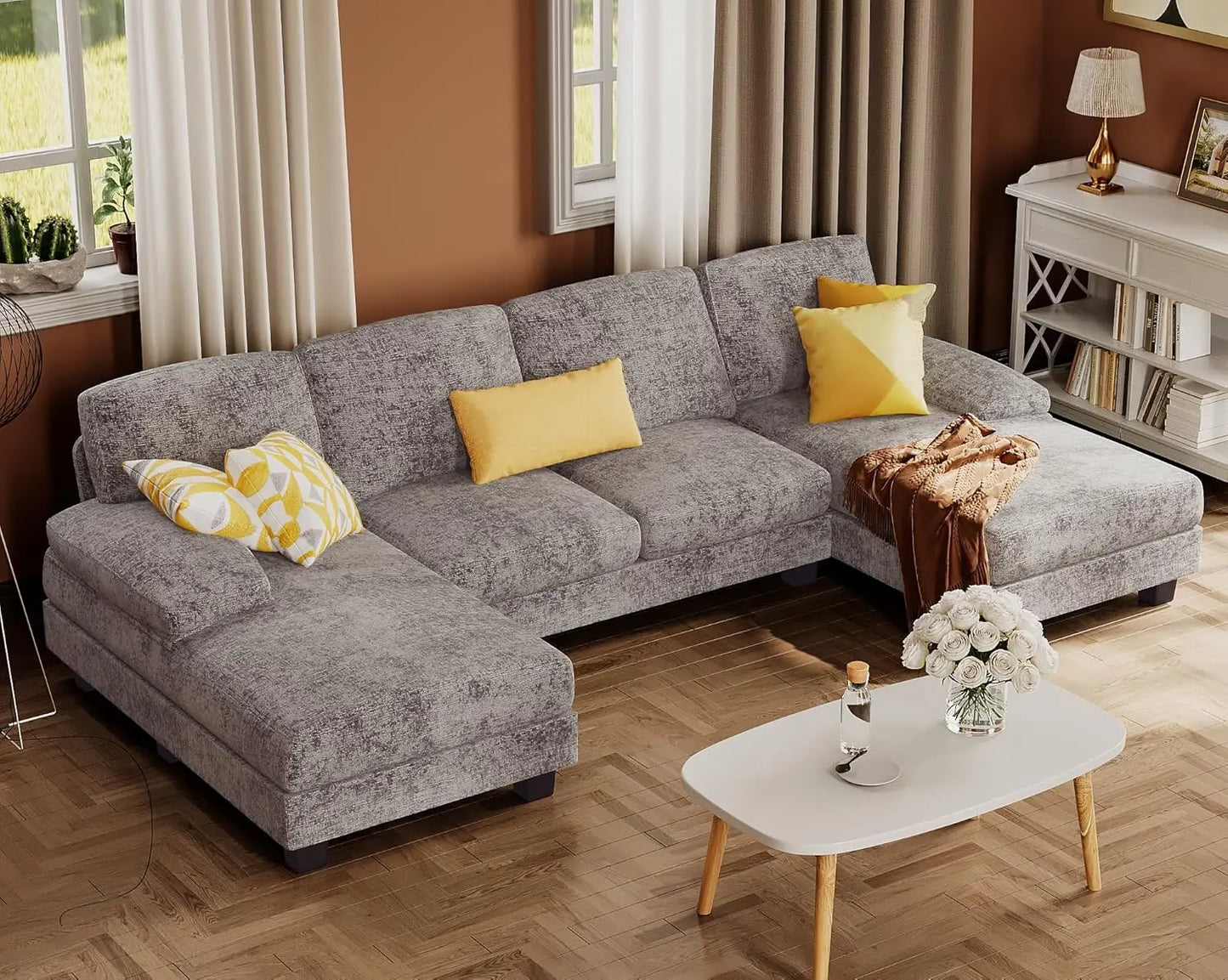 U Shaped Linen Sectional Sofa Living Room With Double Chaise