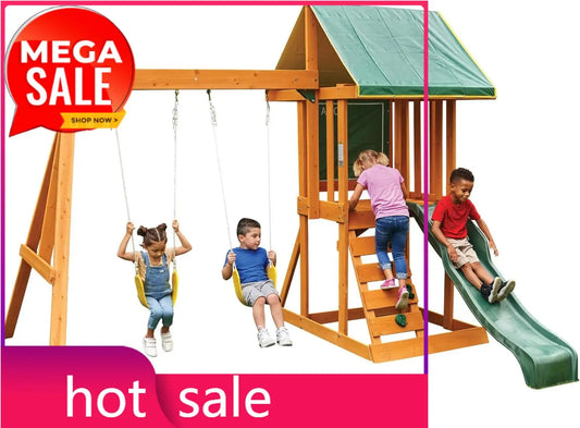 Wooden Swing Set For Backyard Playset With Assembly Required