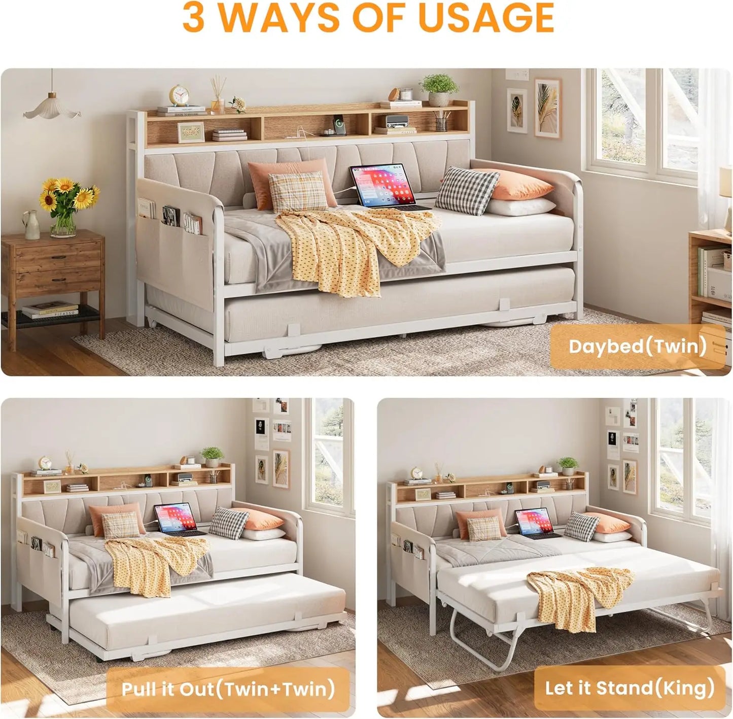 LIKIMIO Daybed With Trundle Bed And Upholstered Headboard Charging Station