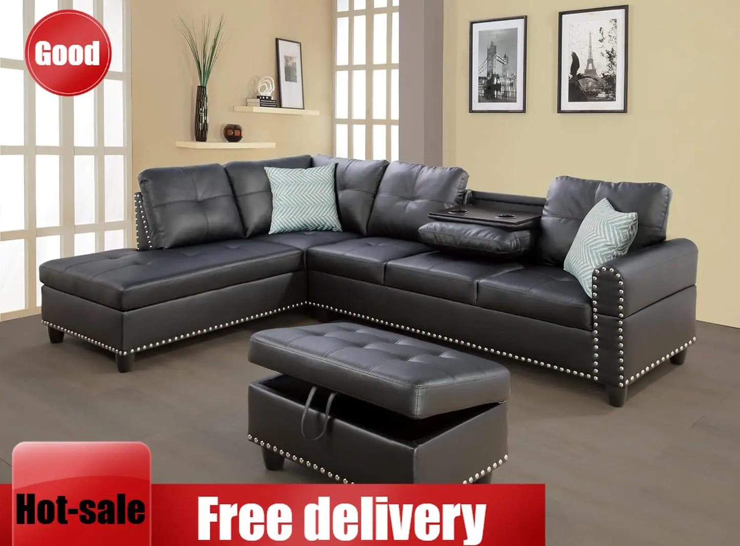 Modern Sectional Sofa With Chaise Lounge And Ottoman