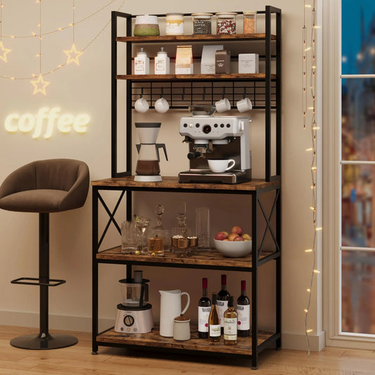 Five Tier Microwave Shelf With Six Hooks Kitchen Standing Rack