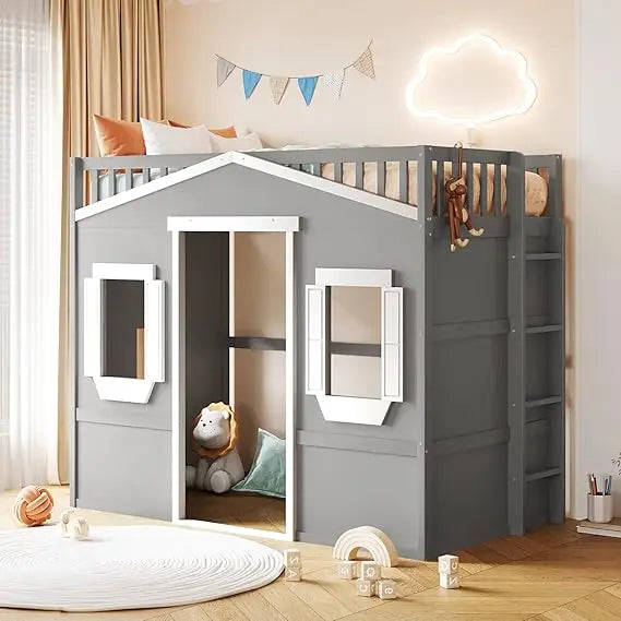 Loft Bed With Built In Storage Wardrobe And Two Windows Solid Wood