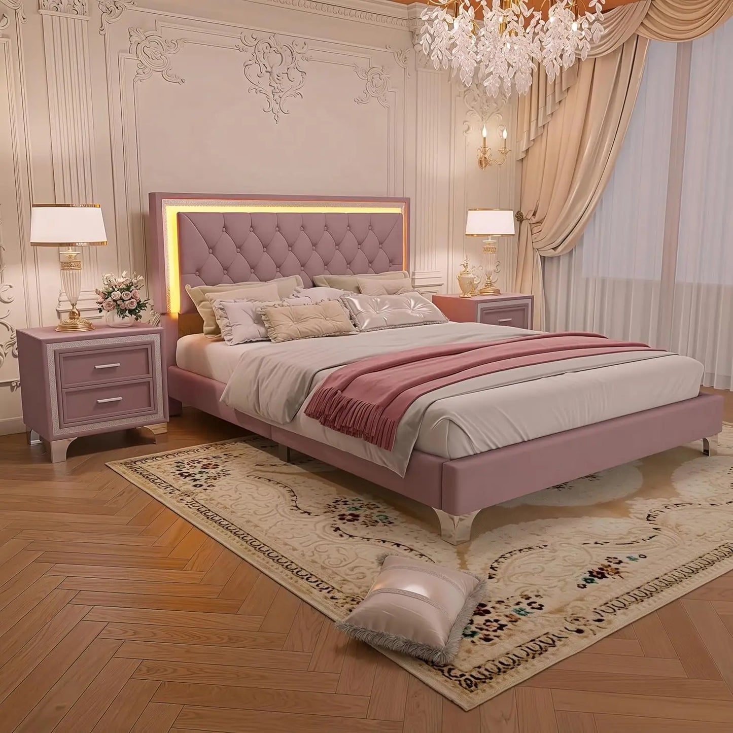 3 Piece Bedroom Set With LED Lights And Nightstands