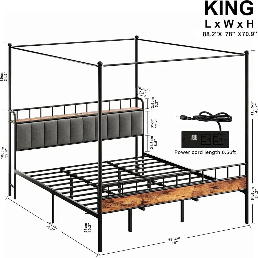 LIKIMIO Canopy Bed Frame With Storage Headboard And Charging Station