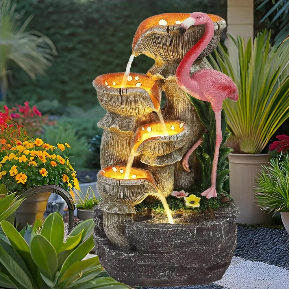 USSerenaY 5 Tier Outdoor Water Feature Fountain Flamingo LED Lights