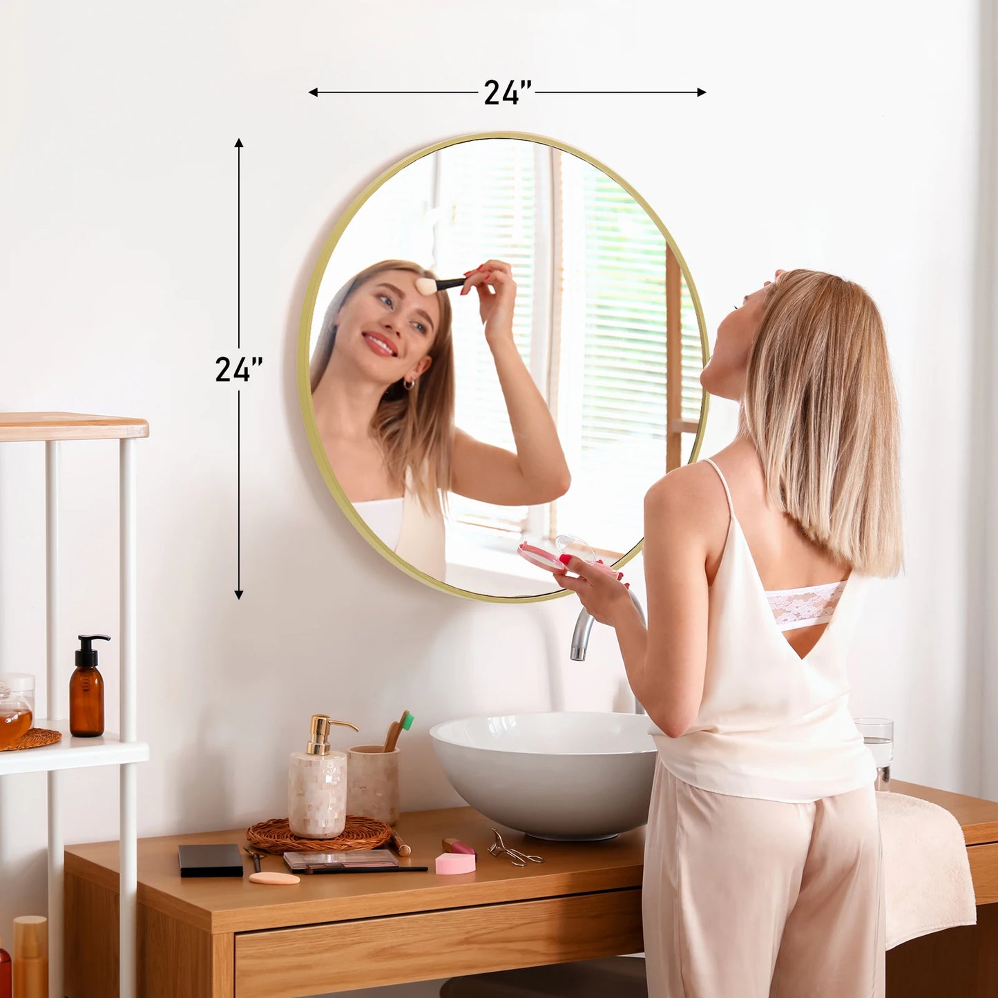 JHK Round Vanity Mirror With Matte Metal Frame Wall Mounted