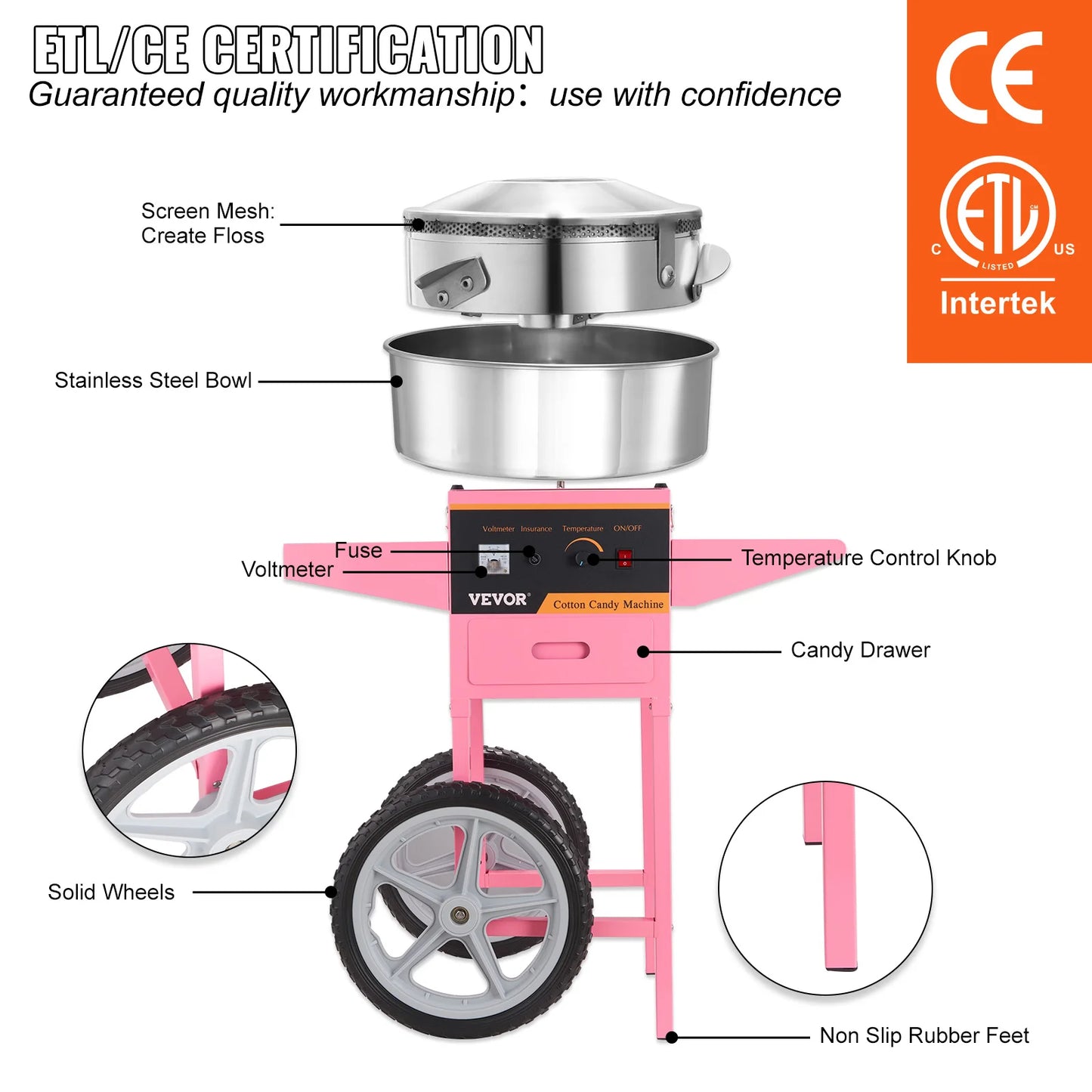 SucceBuy Electric Cotton Candy Machine With Cart 1000W Commercial