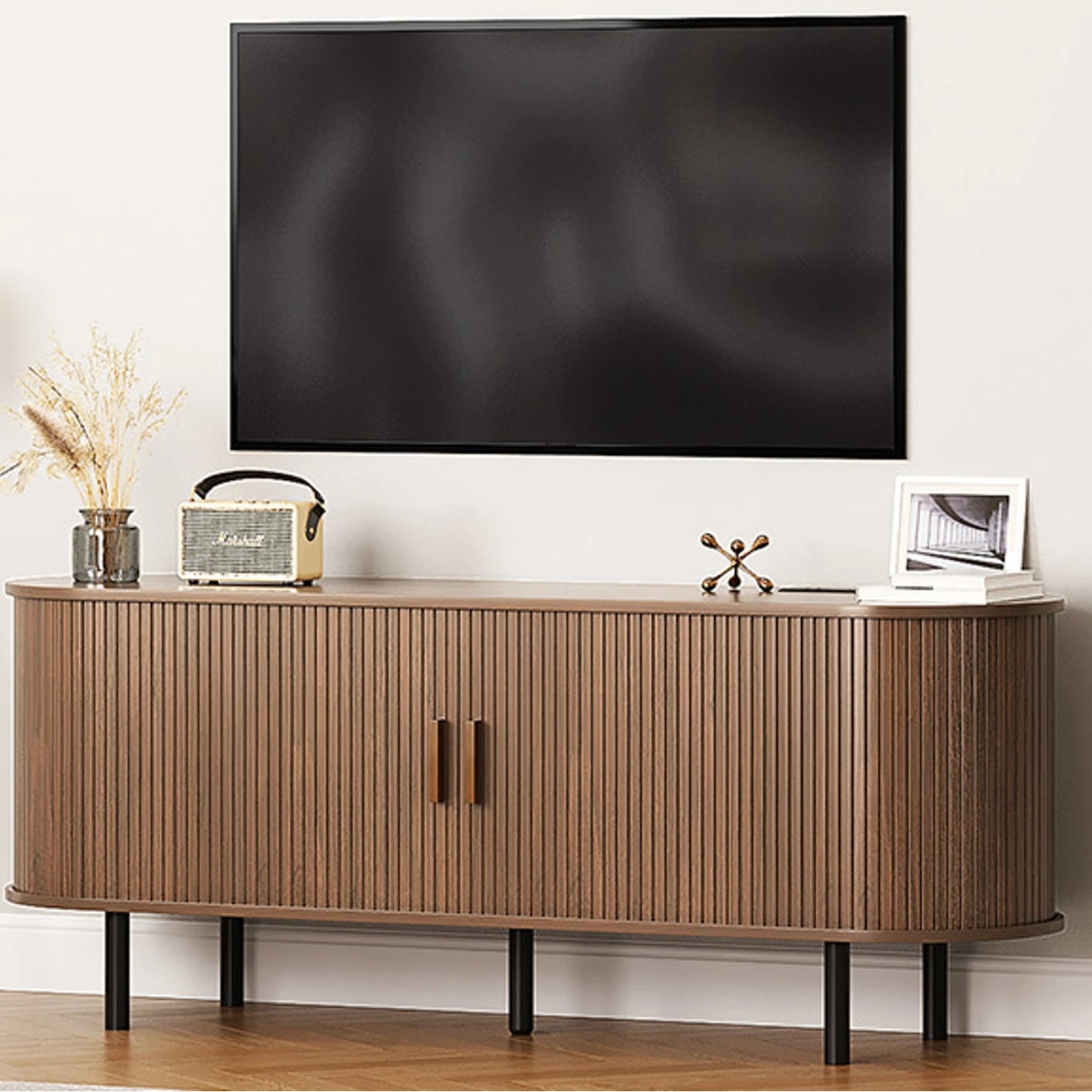 TV Stand With Power Outlet Sliding Doors And Storage