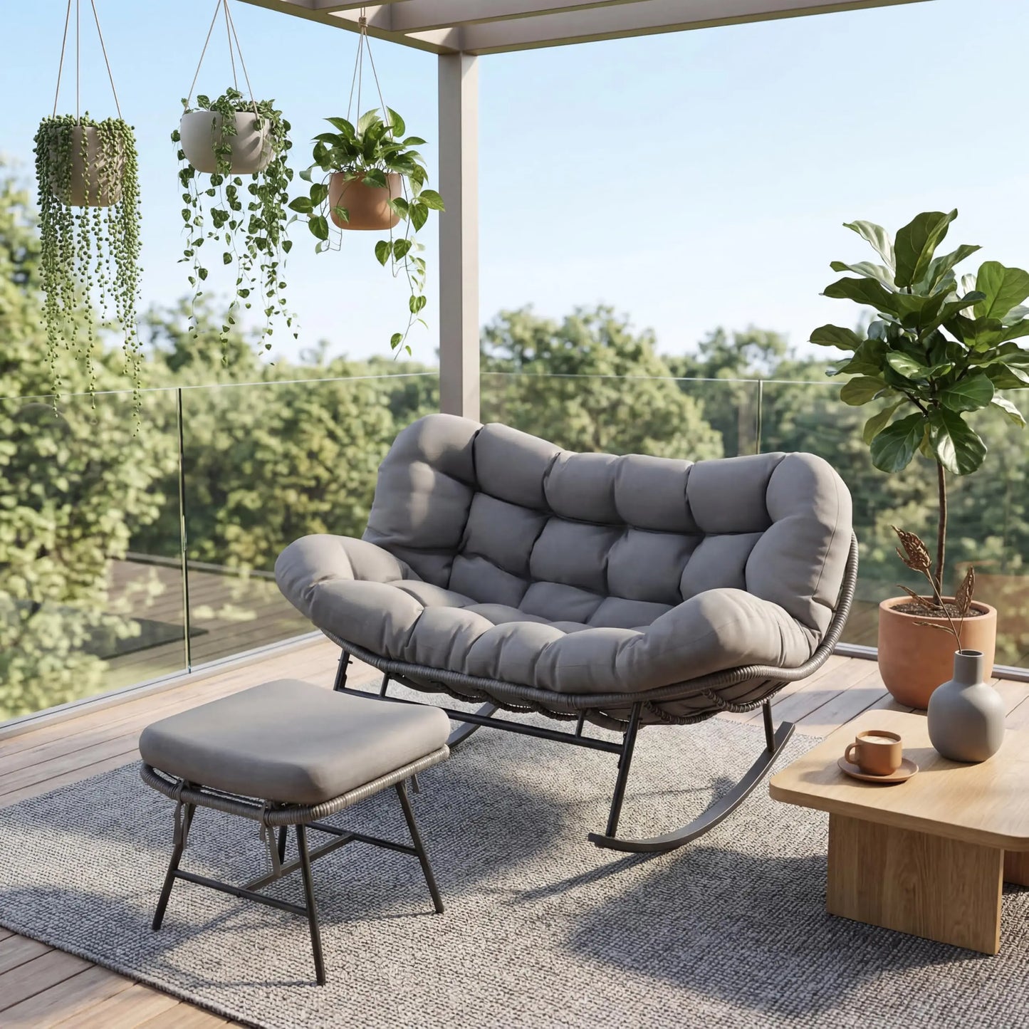 HiMISS Outdoor Two Person Patio Rocking Chair Set With Ottoman