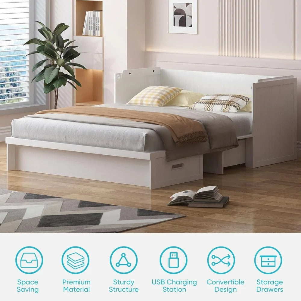 Murphy Bed With Tri-Folding Mattress Charging Station And Storage Drawers
