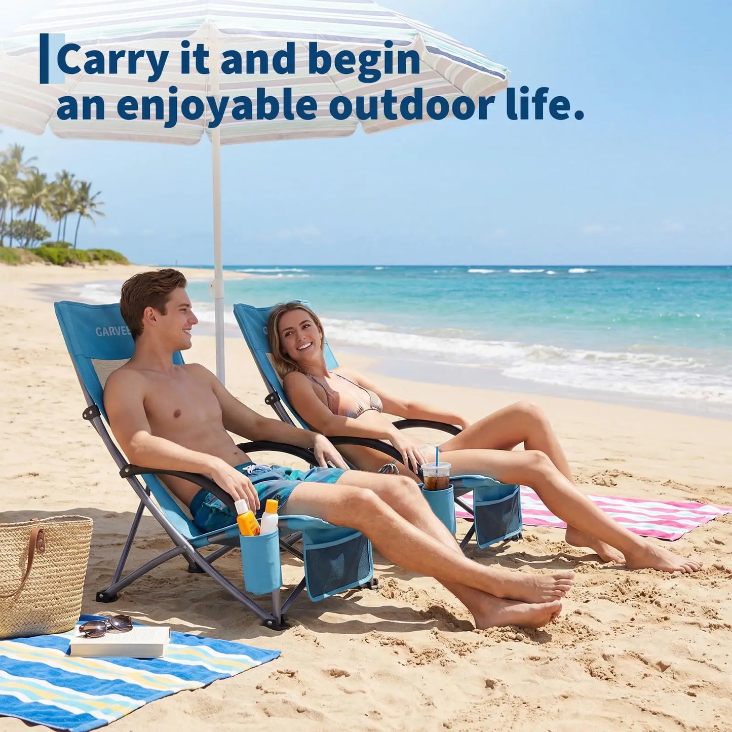 HiMISS High Beach Chair 2 Pack Folding Wide Cup Holder
