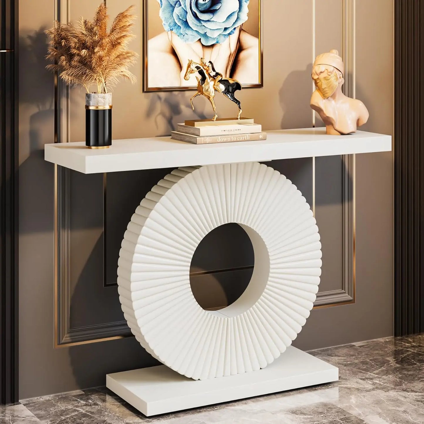 LITTLE TREE Modern Wood Console Table With Geometric Base For Entryway