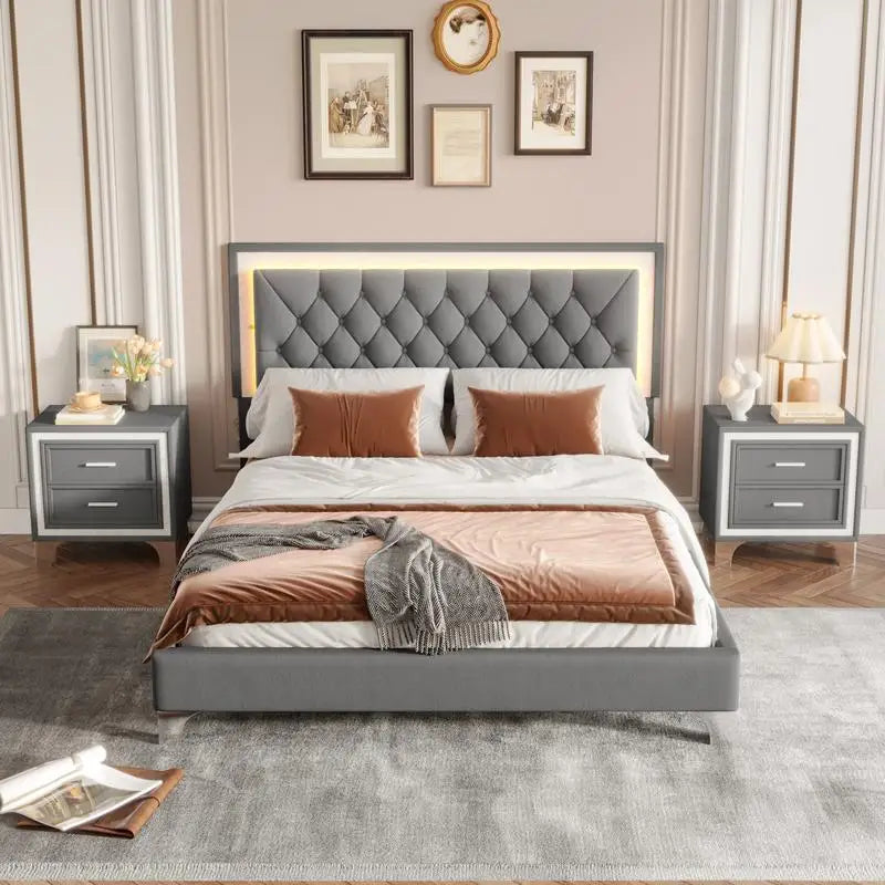 Upholstered Platform Bed With LED Lights And Nightstands Three Piece