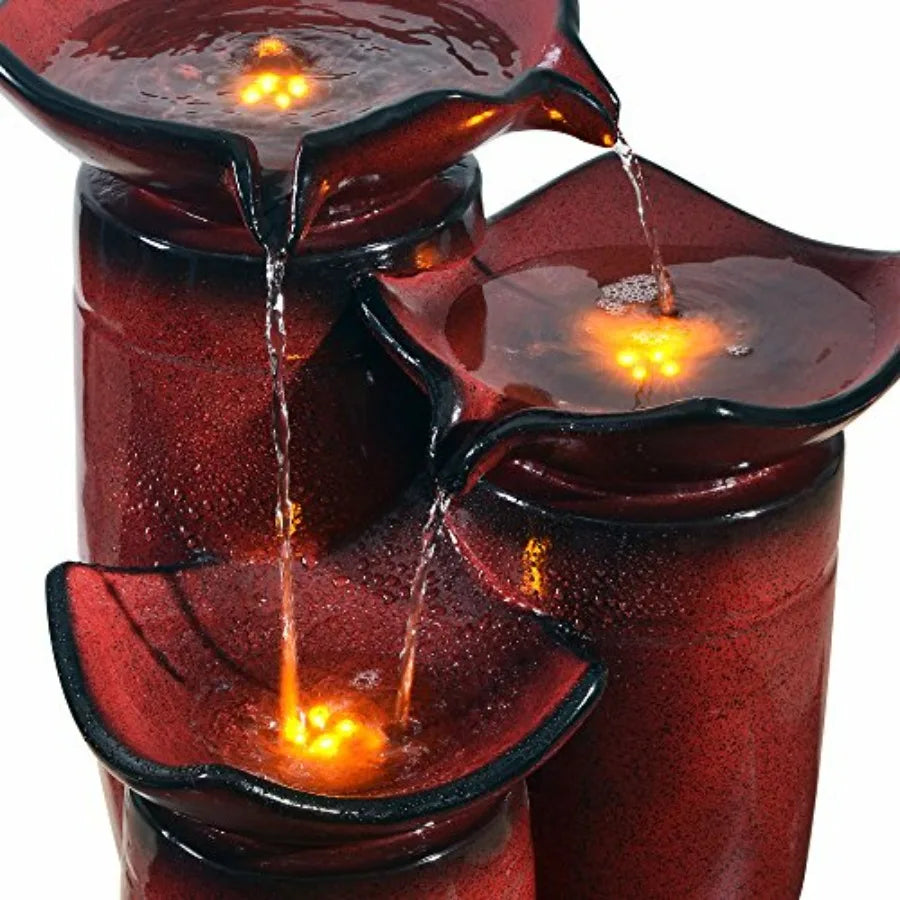 Three Tier Floor Water Fountain With LED Lights For Outdoors