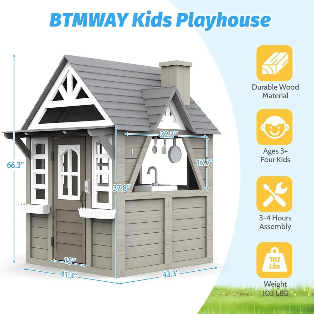 Cedar Wooden Playhouse with Kitchen and Accessories for Kids