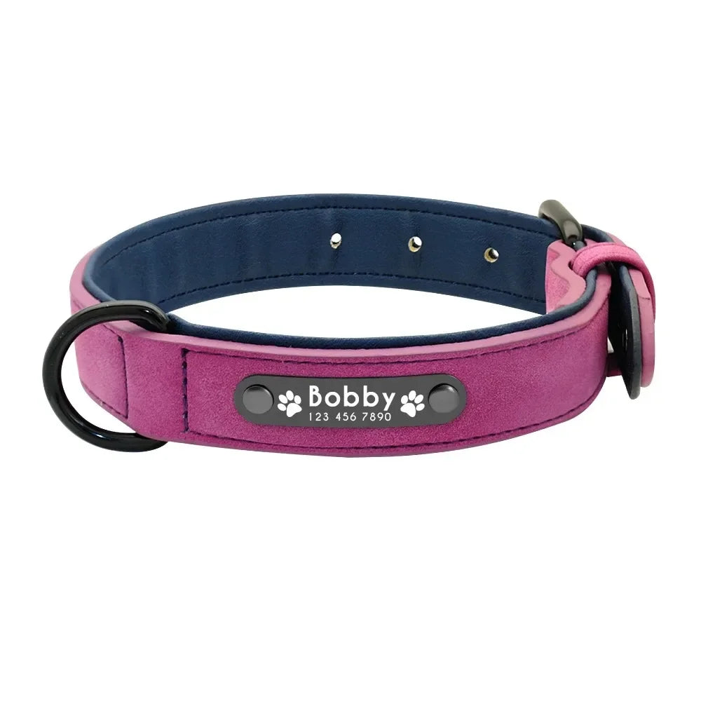 Personalized Name ID Leather Dog Collar With Custom Text