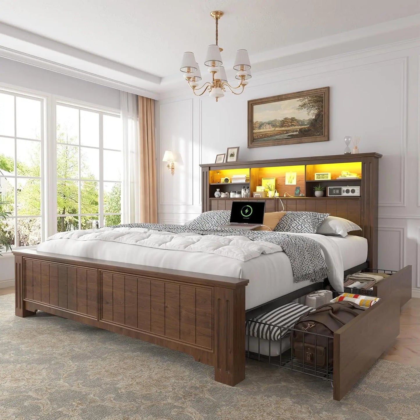 Queen Bed Frame With Headboard And Storage LED And USB