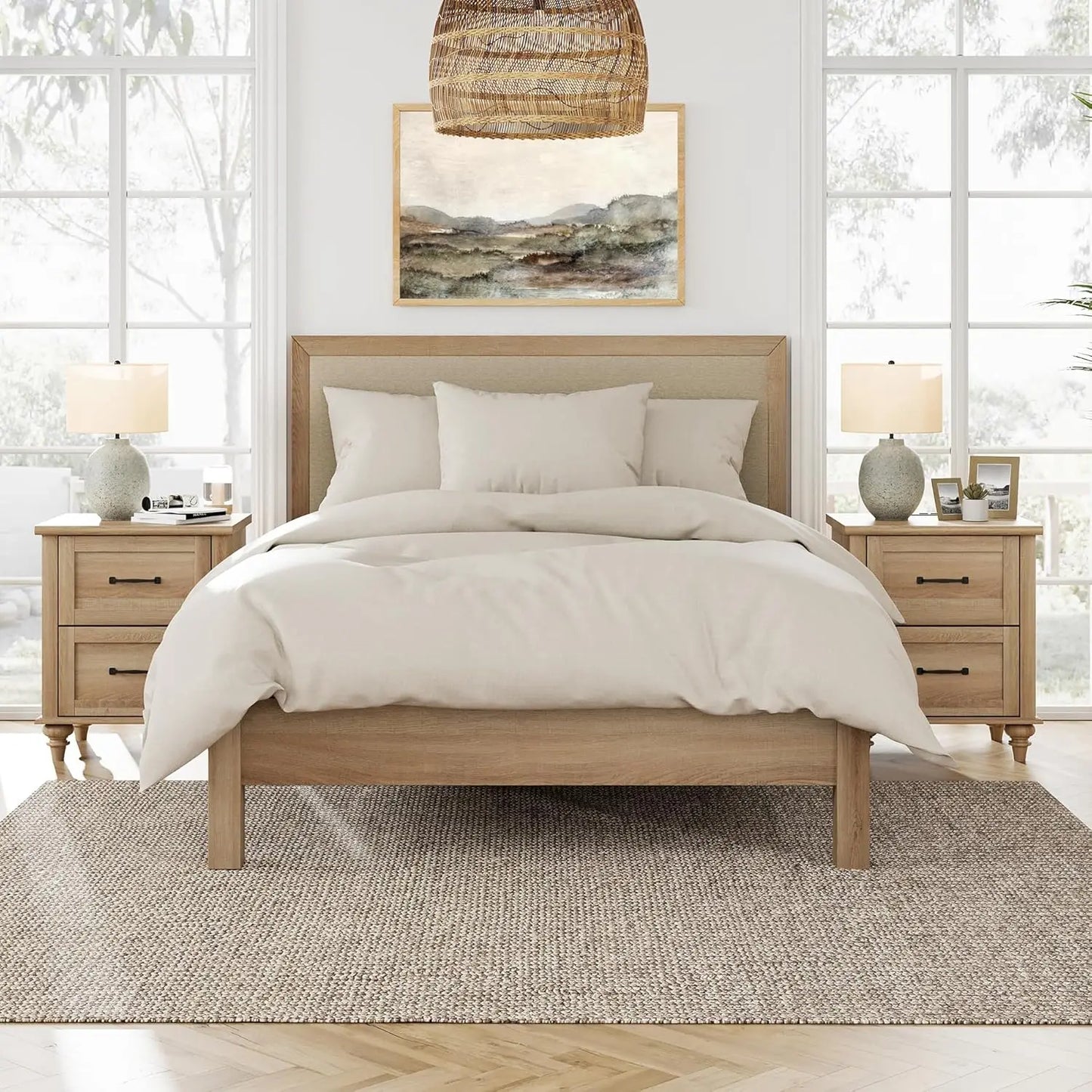 Farmhouse Bedroom Set With Dressers And Rattan Nightstands