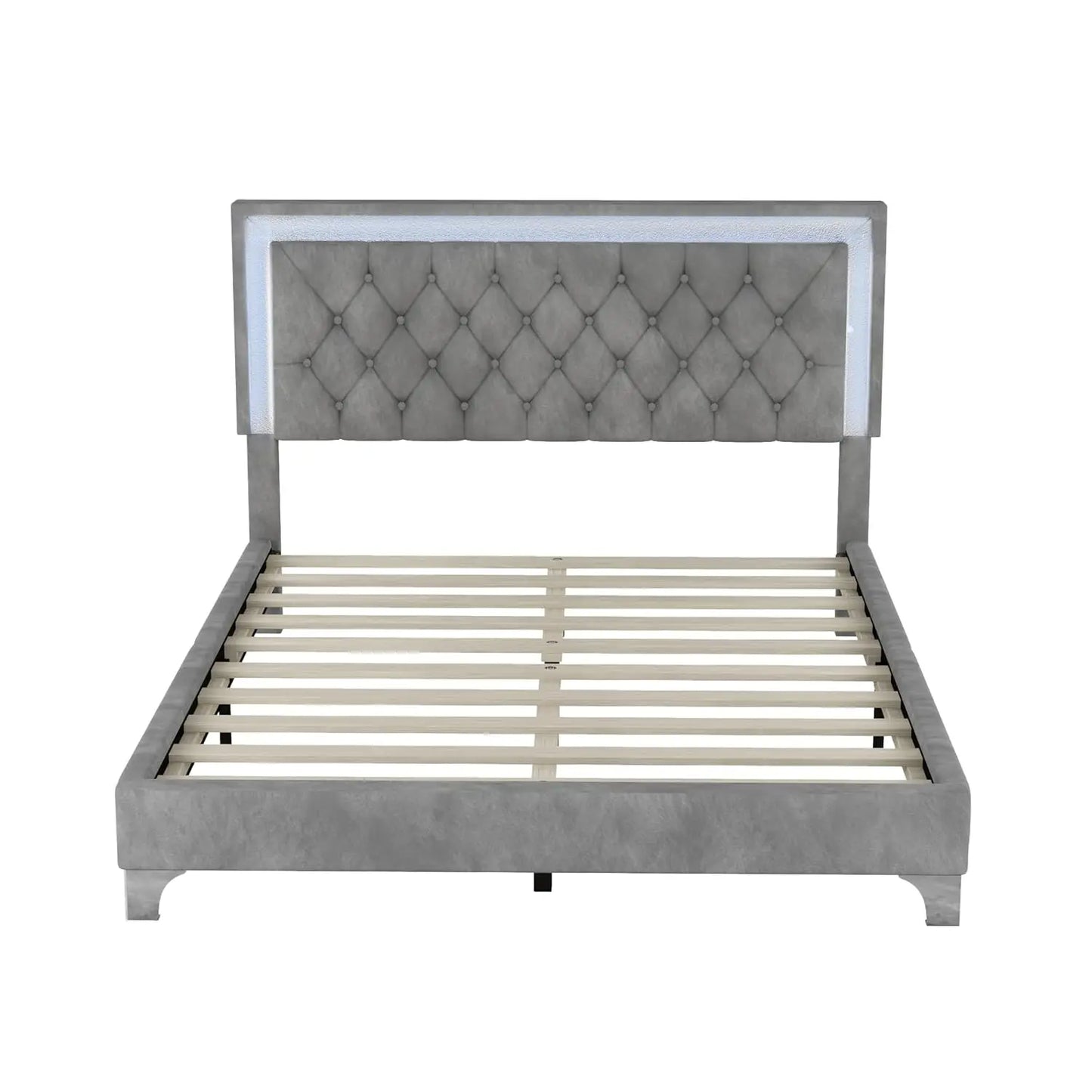 3-Piece LED Velvet Platform Bed Frame Set With Tufted Upholstery