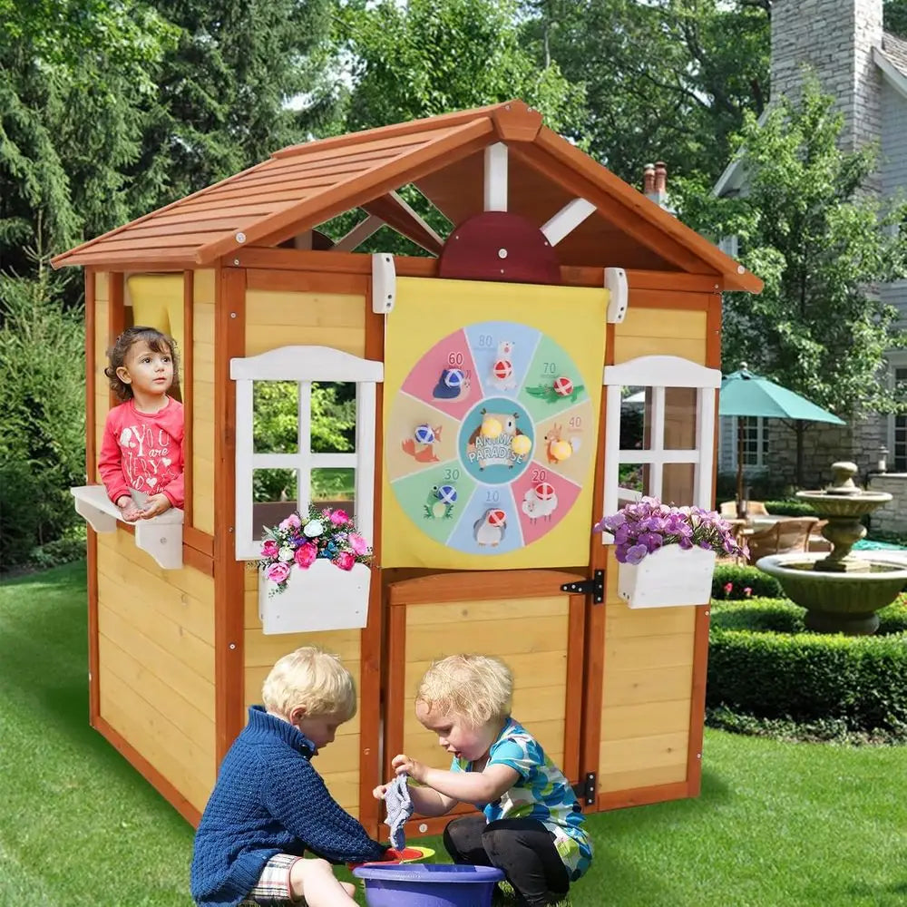 Wooden Play Cottage For Children With Functional Doors And Windows