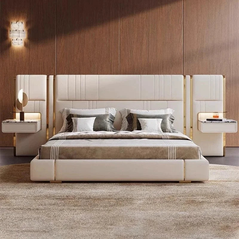 Modern Luxury Bed Frame With Extend Headboard Nightstand