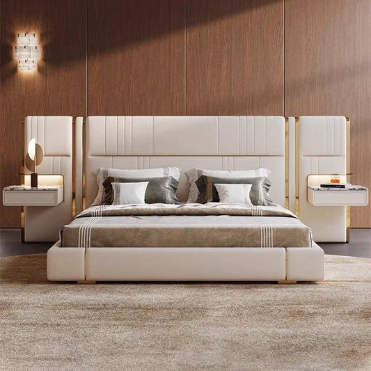 Modern Luxury Bed Frame With Extend Headboard Nightstand