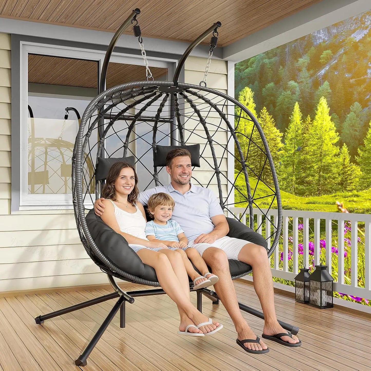 Double Egg Swing Chair With Stand For Two Outdoor Patio
