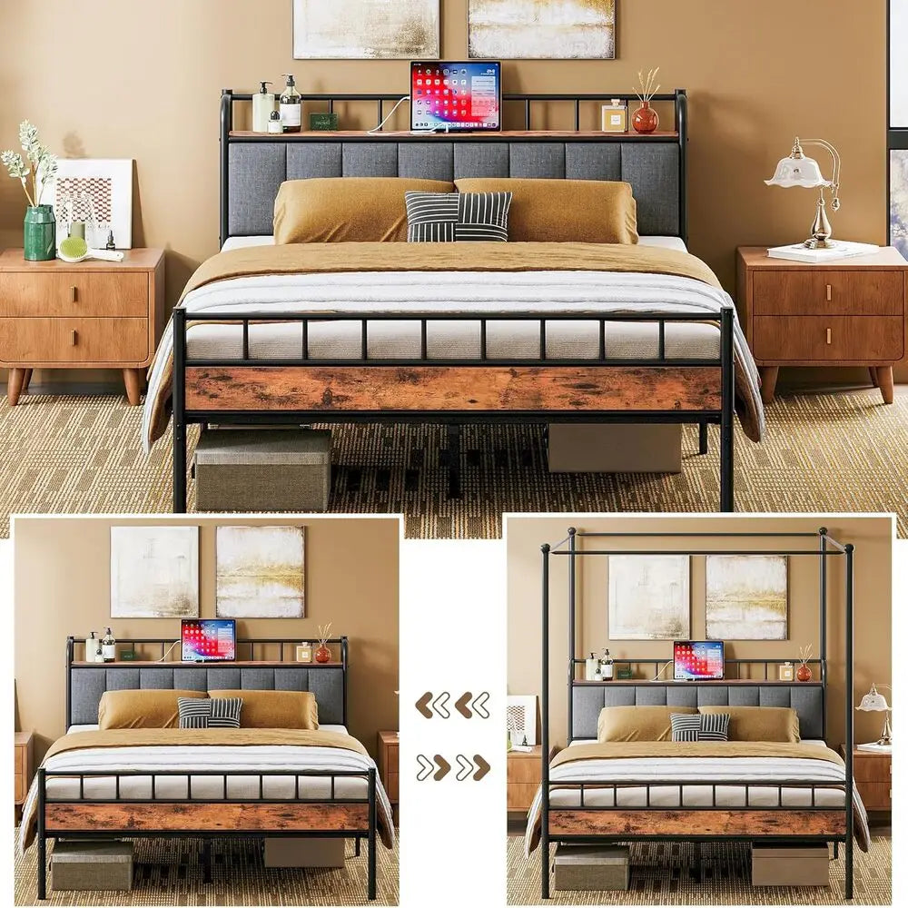 LIKIMIO Canopy Bed Frame With Storage Headboard Charging Station